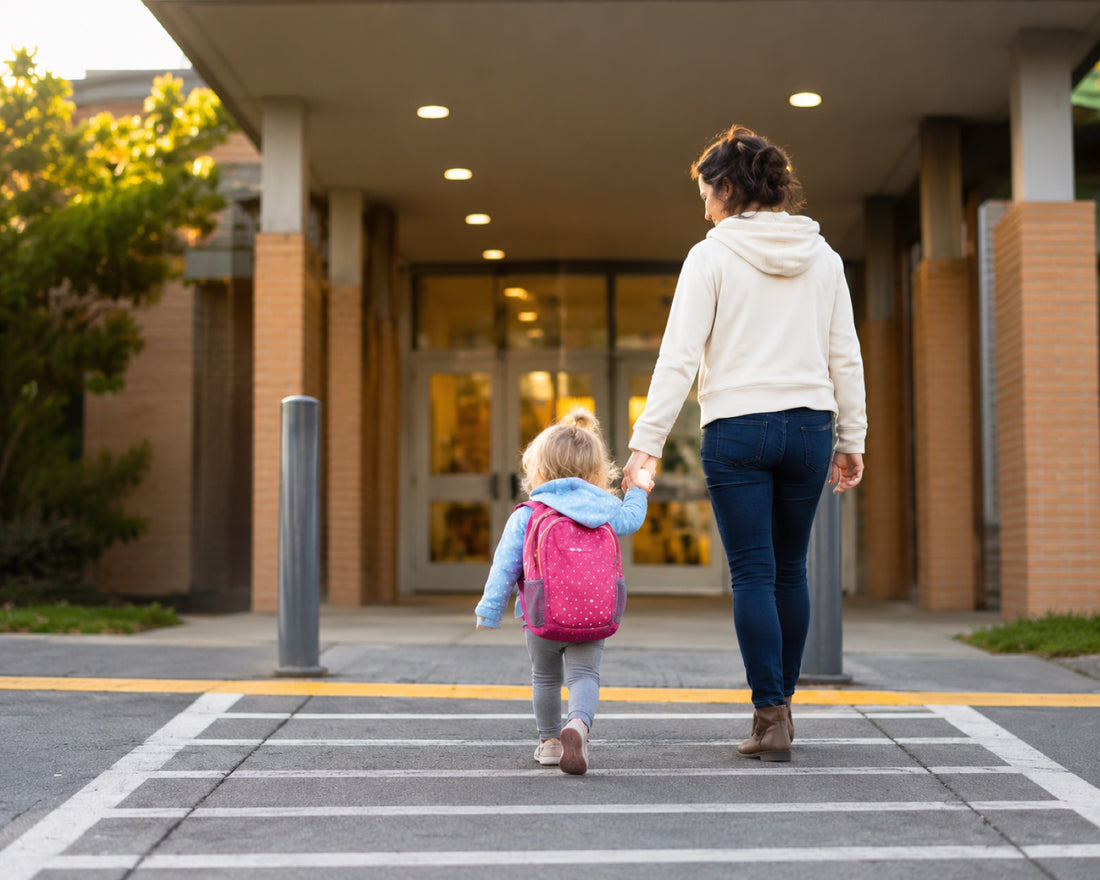 A parent walking their toddler to childcare
