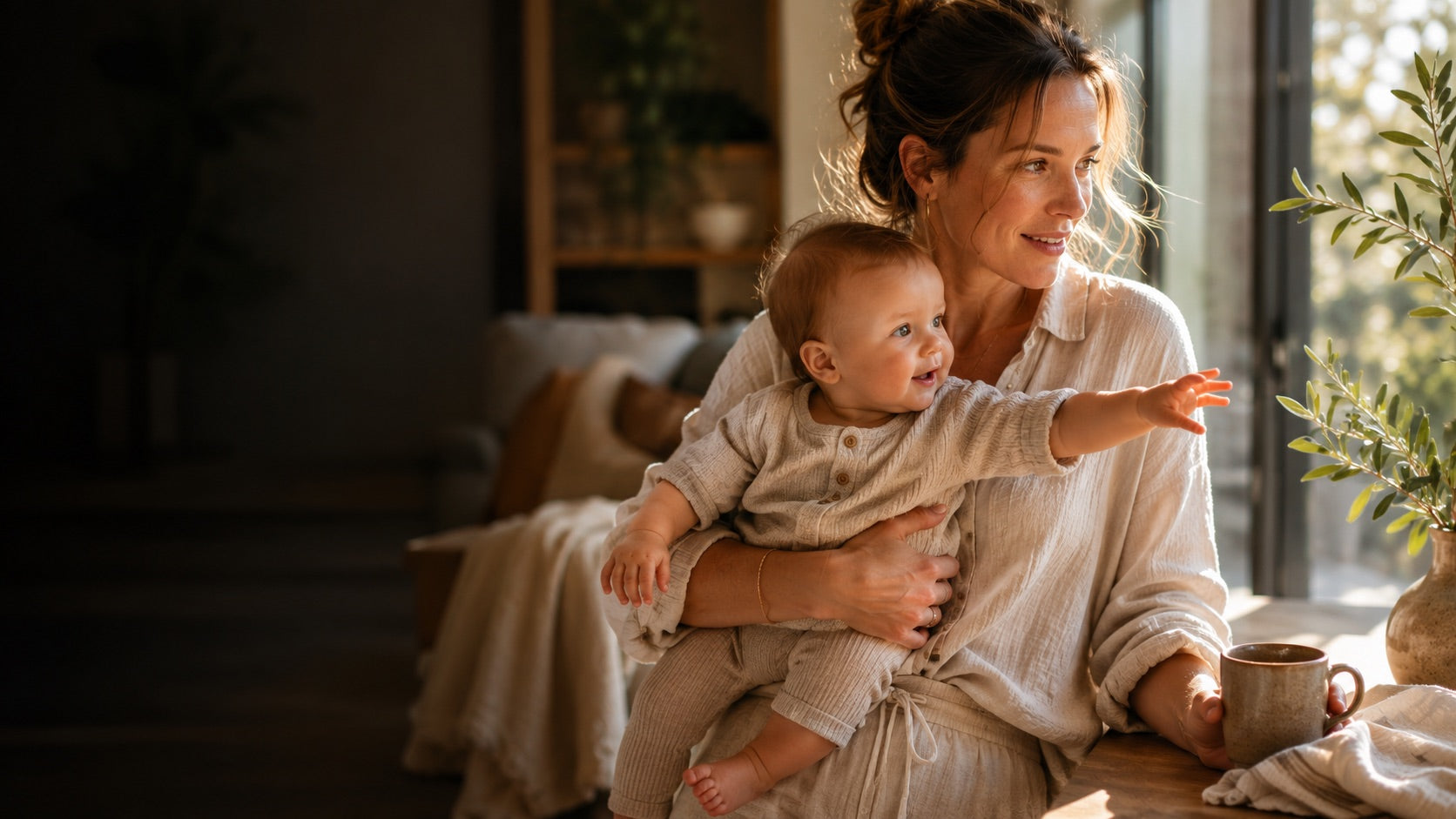 Alison holding a baby in a calm, light-filled home